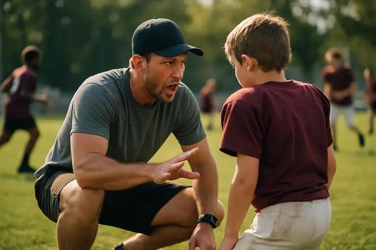 Coach teaches young football players footwork during a team drill