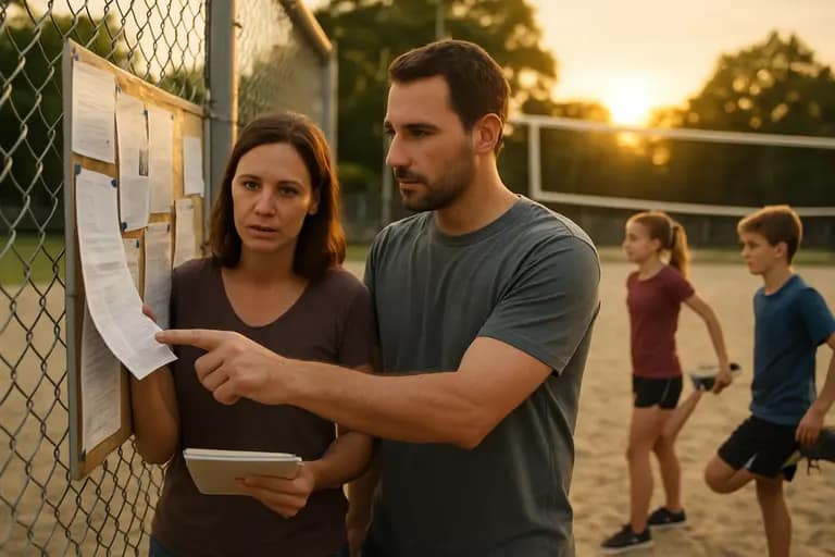 Athletic director reviewing paperwork with a coach near volleyball courts