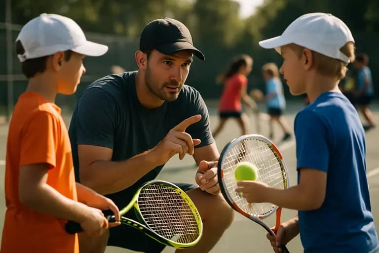 Coach showing a small group of youth players how to hold a pickleball paddle