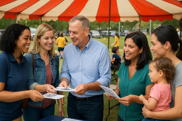 Families, educators, and partners gather near golf bays during a community sports event