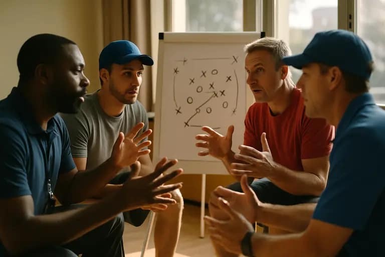 School staff, coaches, and parents talking near a youth sports field