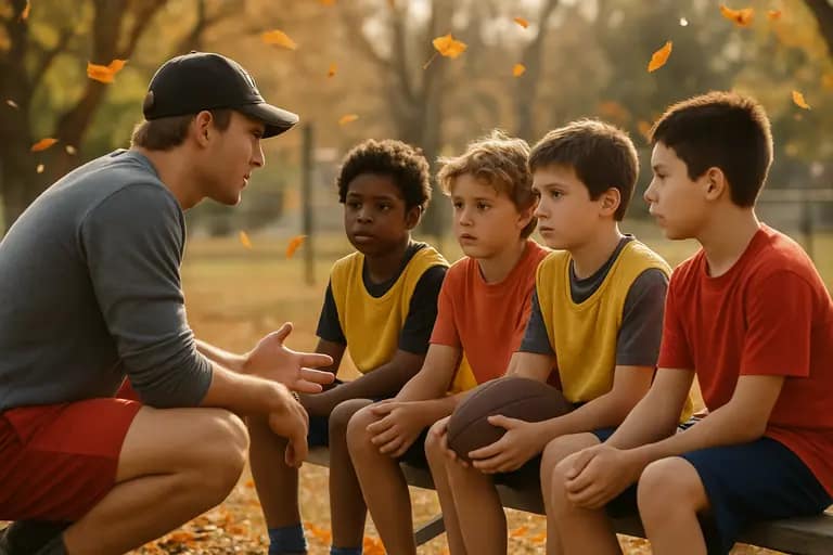A youth coach speaking with football players during practice at a community field