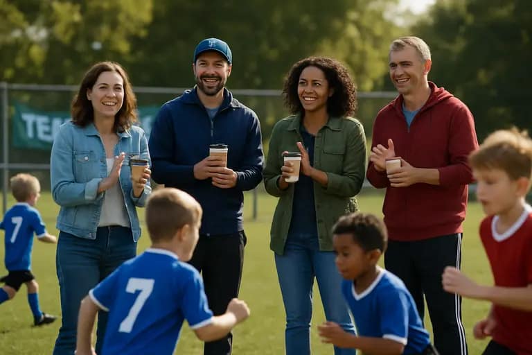 Coach speaks with a small group of students beside a school field