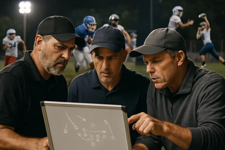 High school team listening to coaches during warmups under stadium lights
