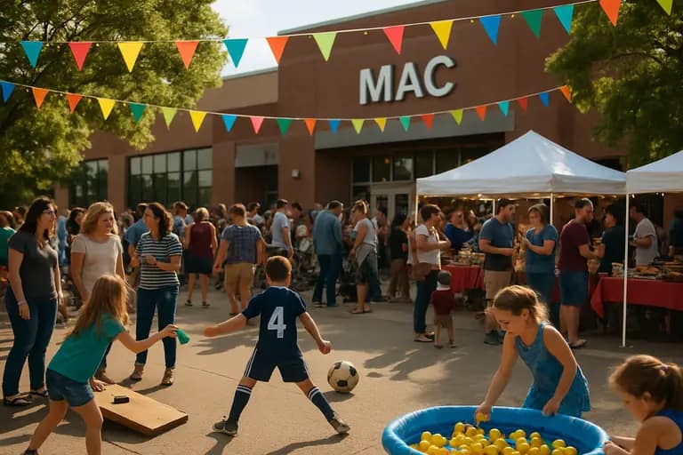 Families walking toward a modern high school activity center before an event