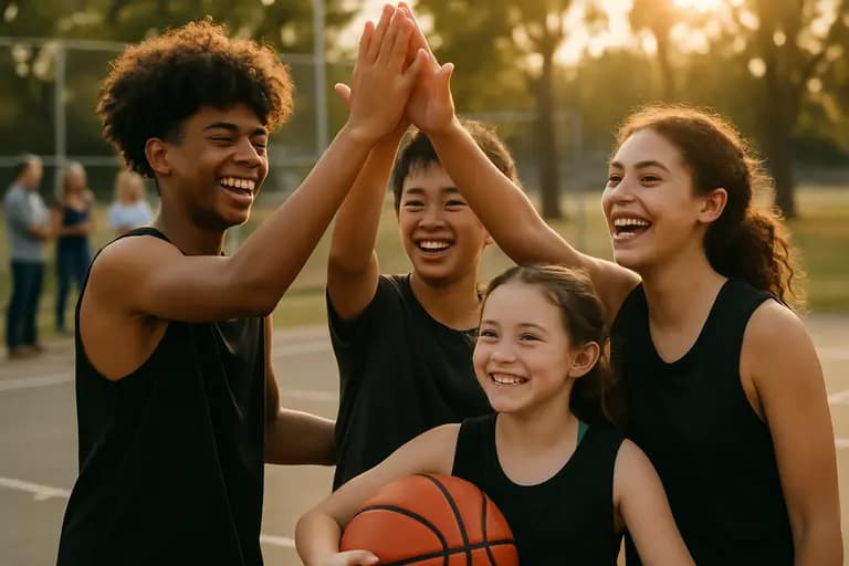 Teen athletes encouraging classmates during a school gym activity