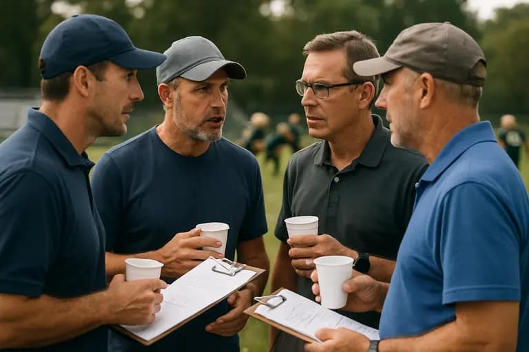 A youth coach talks with players during a practice huddle