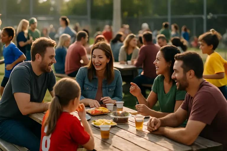 Families and coaches meeting near a school gym