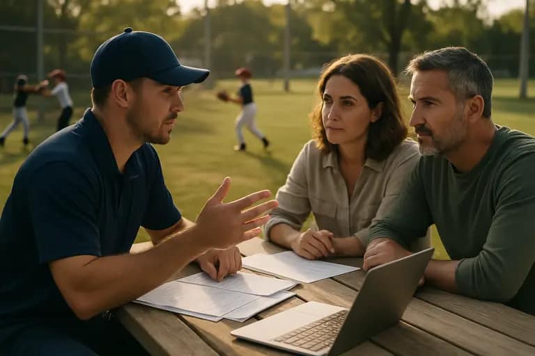 Coach speaking with student athletes beside a track during practice planning