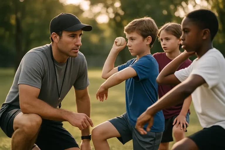 Young athletes rotate through drills on a multi-use school field