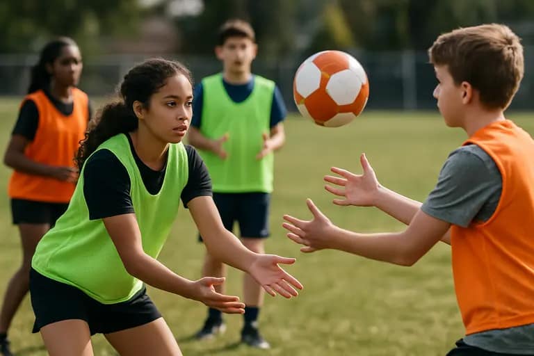 Students in pinnies practicing passing in small groups