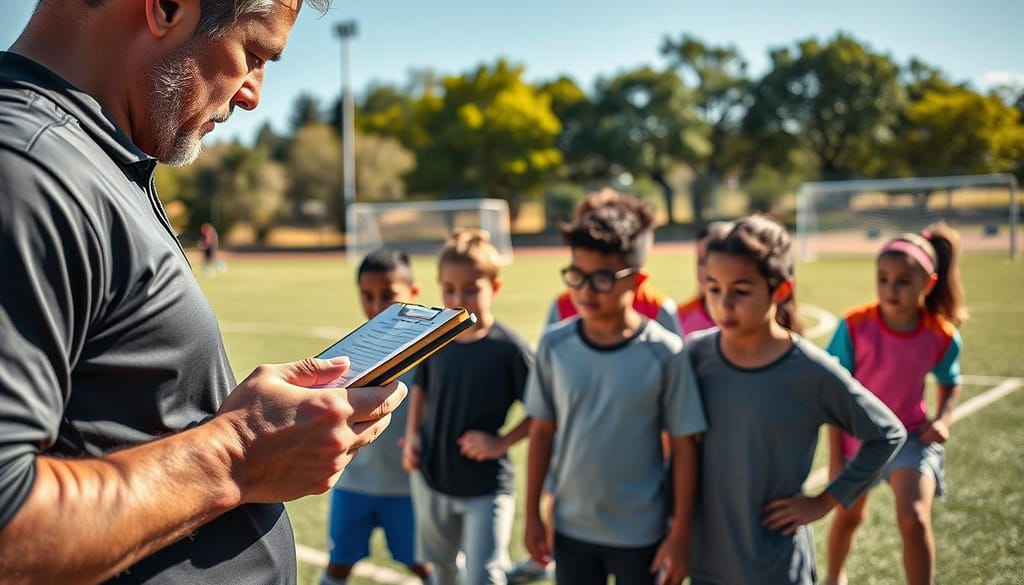 A close-up view of a youth sports evaluation scene, featuring a diverse group of young athletes engaged in a structured outdoor training session. In the foreground, a focused coach with a clipboard assesses players, dressed in a professional sports attire, taking notes on their performance. The middle ground showcases enthusiastic youth athletes aged 10-15, participating in various drills, showcasing teamwork and determination, dressed in modest athletic clothing. The background features a sunny sports field with goalposts and trees, under a bright blue sky. The lighting is warm and inviting, capturing a positive atmosphere. The composition highlights the importance of simple data collection methods in evaluating performance and social impact, evoking inspiration and motivation. A close-up view of a youth sports evaluation scene, featuring a diverse group of young athletes engaged in a structured outdoor training session. In the foreground, a focused coach with a clipboard assesses players, dressed in a professional sports attire, taking notes on their performance. The middle ground showcases enthusiastic youth athletes aged 10-15, participating in various drills, showcasing teamwork and determination, dressed in modest athletic clothing. The background features a sunny sports field with goalposts and trees, under a bright blue sky. The lighting is warm and inviting, capturing a positive atmosphere. The composition highlights the importance of simple data collection methods in evaluating performance and social impact, evoking inspiration and motivation.