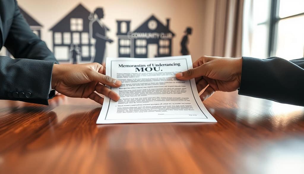 A close-up view of two hands exchanging a carefully designed Memorandum of Understanding (MOU) document on a polished wooden table. The hands, clad in professional business attire, belong to a diverse group of individuals engaged in a partnership. In the background, blurred silhouettes of a school, clinic, and community club can be seen, symbolizing collaboration. The scene is softly lit with warm, natural lighting coming from a nearby window, creating an inviting atmosphere. The image captures an essence of teamwork and synergy, with a subtle depth of field that draws attention to the MOU document, highlighting elements like the seal and signature lines. The composition should convey a sense of professionalism and shared purpose in forging impactful partnerships. A close-up view of two hands exchanging a carefully designed Memorandum of Understanding (MOU) document on a polished wooden table. The hands, clad in professional business attire, belong to a diverse group of individuals engaged in a partnership. In the background, blurred silhouettes of a school, clinic, and community club can be seen, symbolizing collaboration. The scene is softly lit with warm, natural lighting coming from a nearby window, creating an inviting atmosphere. The image captures an essence of teamwork and synergy, with a subtle depth of field that draws attention to the MOU document, highlighting elements like the seal and signature lines. The composition should convey a sense of professionalism and shared purpose in forging impactful partnerships.