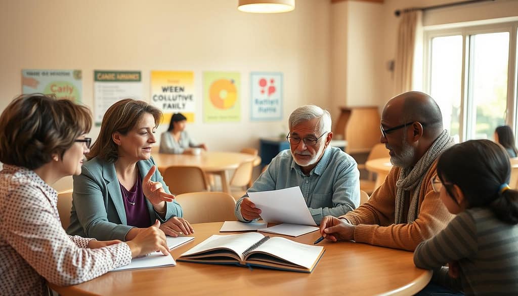 A diverse group of family members in a sunny, welcoming community center, gathered around a circular table engaged in a collaborative meeting. In the foreground, a middle-aged woman in professional attire gestures enthusiastically as she shares ideas, while a thoughtful elderly man listens attentively. An Asian couple, both casually dressed, takes notes on a shared large notepad. In the background, a large window lets in warm, natural light, illuminating colorful posters promoting inclusive communication. The atmosphere is cordial and respectful, fostering open dialogue across cultures. The scene captures the essence of connection and trust, highlighting varying representations of family dynamics, with soft focus on the background to emphasize the engaged participants in the meeting. A diverse group of family members in a sunny, welcoming community center, gathered around a circular table engaged in a collaborative meeting. In the foreground, a middle-aged woman in professional attire gestures enthusiastically as she shares ideas, while a thoughtful elderly man listens attentively. An Asian couple, both casually dressed, takes notes on a shared large notepad. In the background, a large window lets in warm, natural light, illuminating colorful posters promoting inclusive communication. The atmosphere is cordial and respectful, fostering open dialogue across cultures. The scene captures the essence of connection and trust, highlighting varying representations of family dynamics, with soft focus on the background to emphasize the engaged participants in the meeting.