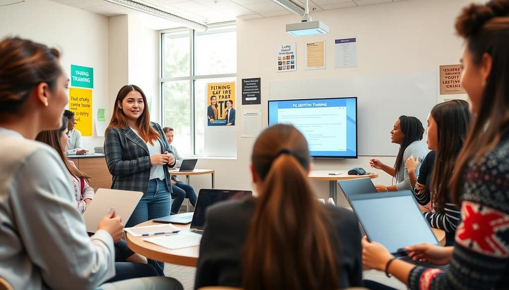 A diverse group of young adults engaged in a peer mentor training session, positioned in a bright, modern classroom setting. In the foreground, a confident young woman leads the discussion, wearing professional casual attire, while others listen attentively, taking notes on their laptops. In the middle ground, a round table filled with training materials like handouts and a projector displays key concepts on a screen. The background shows motivational posters on the walls and a large window allowing natural light to flood the space, creating an inviting atmosphere. The scene captures a sense of collaboration and empowerment, emphasizing the importance of youth leadership in a supportive environment, with a warm and encouraging mood. A diverse group of young adults engaged in a peer mentor training session, positioned in a bright, modern classroom setting. In the foreground, a confident young woman leads the discussion, wearing professional casual attire, while others listen attentively, taking notes on their laptops. In the middle ground, a round table filled with training materials like handouts and a projector displays key concepts on a screen. The background shows motivational posters on the walls and a large window allowing natural light to flood the space, creating an inviting atmosphere. The scene captures a sense of collaboration and empowerment, emphasizing the importance of youth leadership in a supportive environment, with a warm and encouraging mood.