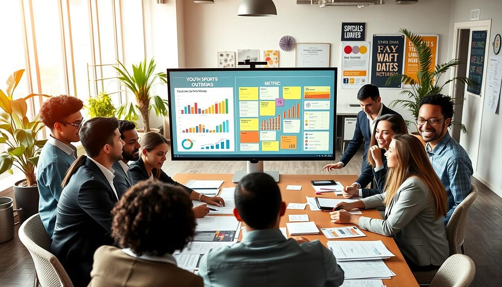 A dynamic office environment showcasing a diverse team of young professionals engaged in "story data outcomes reporting." In the foreground, a collaborative workspace with focused individuals of various ethnic backgrounds, dressed in professional business attire, gathered around a large table filled with charts, graphs, and reports. In the middle ground, a digital screen displays a colorful infographic summarizing key youth sports metrics, surrounded by sticky notes and brainstorming materials. In the background, large windows let in soft, natural light, adding to the creative atmosphere filled with plants and motivational posters. The angle is slightly above eye level, giving an expansive view of their teamwork. The overall mood is energetic and optimistic, emphasizing the blend of storytelling and data in evaluating social impact. A dynamic office environment showcasing a diverse team of young professionals engaged in "story data outcomes reporting." In the foreground, a collaborative workspace with focused individuals of various ethnic backgrounds, dressed in professional business attire, gathered around a large table filled with charts, graphs, and reports. In the middle ground, a digital screen displays a colorful infographic summarizing key youth sports metrics, surrounded by sticky notes and brainstorming materials. In the background, large windows let in soft, natural light, adding to the creative atmosphere filled with plants and motivational posters. The angle is slightly above eye level, giving an expansive view of their teamwork. The overall mood is energetic and optimistic, emphasizing the blend of storytelling and data in evaluating social impact.