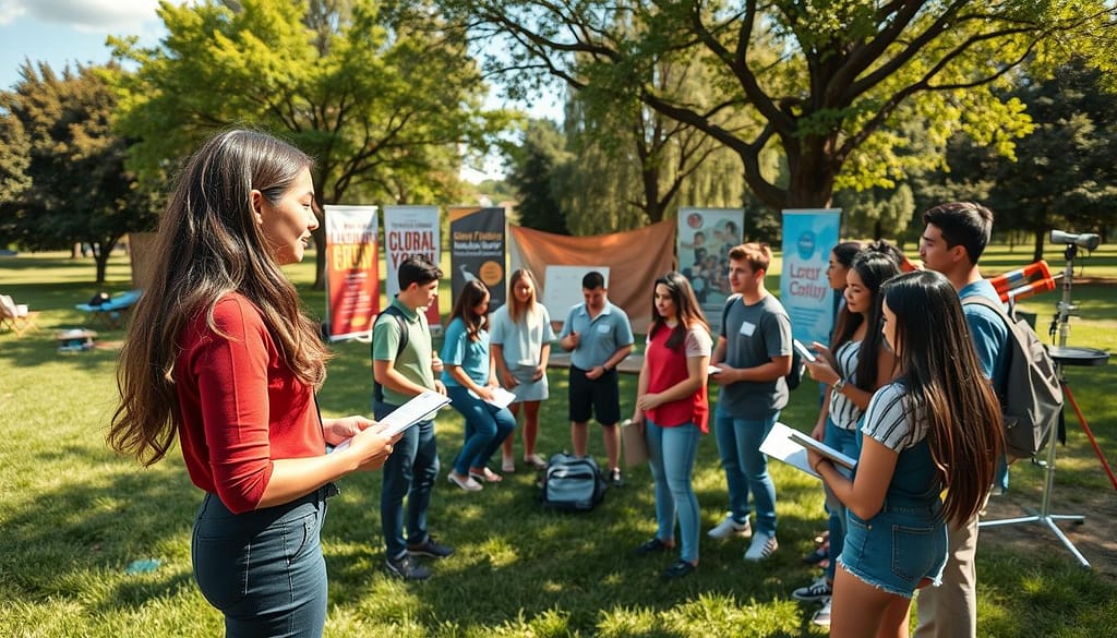 A dynamic scene depicting a diverse group of young individuals engaging in a leadership rotation activity outdoors. In the foreground, a young woman in professional attire is leading a discussion, while young men and women attentively listen, taking notes and sharing ideas. The middle ground shows a circular arrangement of participants, symbolizing teamwork and collaboration, with nature surrounding them—green grass, trees, and a clear blue sky. In the background, there are motivational banners and equipment, suggesting a workshop setting. Soft, warm lighting enhances the positive atmosphere, with sunlight filtering through the trees, creating an inspiring and inviting mood. The camera angle is slightly elevated, capturing the energy and interaction among the participants, emphasizing growth and development in life skills. A dynamic scene depicting a diverse group of young individuals engaging in a leadership rotation activity outdoors. In the foreground, a young woman in professional attire is leading a discussion, while young men and women attentively listen, taking notes and sharing ideas. The middle ground shows a circular arrangement of participants, symbolizing teamwork and collaboration, with nature surrounding them—green grass, trees, and a clear blue sky. In the background, there are motivational banners and equipment, suggesting a workshop setting. Soft, warm lighting enhances the positive atmosphere, with sunlight filtering through the trees, creating an inspiring and inviting mood. The camera angle is slightly elevated, capturing the energy and interaction among the participants, emphasizing growth and development in life skills.