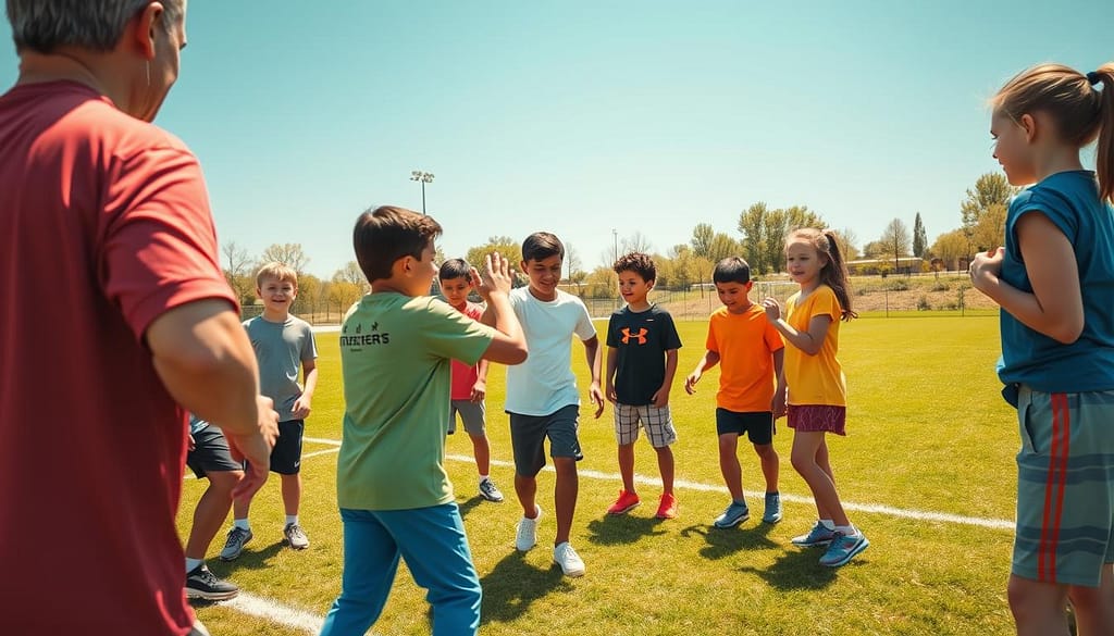 A dynamic scene depicting a sports coach in a vibrant training field, demonstrating an engaging drill to a group of diverse children wearing modest athletic clothing. In the foreground, the coach passionately shows how to work as a team while illustrating key life skills like communication and empathy. The middle ground features the enthusiastic children actively participating in the drill, displaying cooperation and focus. The background reveals a sunny, open field with goal posts, trees, and a clear blue sky, creating an uplifting atmosphere. The lighting is warm and inviting, enhancing the sense of positivity and growth. The angle captures the energy and interaction among the coach and kids, conveying the essence of converting sports drills into valuable life lessons. A dynamic scene depicting a sports coach in a vibrant training field, demonstrating an engaging drill to a group of diverse children wearing modest athletic clothing. In the foreground, the coach passionately shows how to work as a team while illustrating key life skills like communication and empathy. The middle ground features the enthusiastic children actively participating in the drill, displaying cooperation and focus. The background reveals a sunny, open field with goal posts, trees, and a clear blue sky, creating an uplifting atmosphere. The lighting is warm and inviting, enhancing the sense of positivity and growth. The angle captures the energy and interaction among the coach and kids, conveying the essence of converting sports drills into valuable life lessons.