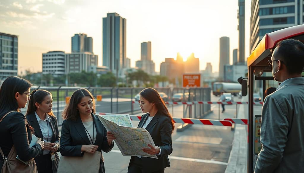 A dynamic urban scene depicting transportation barriers affecting field allocation. In the foreground, a diverse group of individuals in professional business attire, including women and men, are examining a public transport map and discussing logistics near a bus stop. In the middle ground, obstructive barriers like fences and roadblocks are visible, symbolizing curfews and restricted access to facilities. The background features a cityscape with modern buildings and a setting sun casting warm golden light, creating an atmosphere of urgency and determination. Use a wide-angle lens to capture the entire scene, emphasizing the interplay between people and their environment, while ensuring the image conveys a mood of resilience and the pursuit of equitable access. A dynamic urban scene depicting transportation barriers affecting field allocation. In the foreground, a diverse group of individuals in professional business attire, including women and men, are examining a public transport map and discussing logistics near a bus stop. In the middle ground, obstructive barriers like fences and roadblocks are visible, symbolizing curfews and restricted access to facilities. The background features a cityscape with modern buildings and a setting sun casting warm golden light, creating an atmosphere of urgency and determination. Use a wide-angle lens to capture the entire scene, emphasizing the interplay between people and their environment, while ensuring the image conveys a mood of resilience and the pursuit of equitable access.