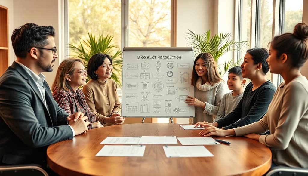 A family partnership conflict resolution table set in a bright, inviting conference room. In the foreground, a round wooden table is surrounded by diverse family members, including a father in a crisp business suit, a mother in elegant, modest attire, and children dressed in casual but neat clothing. They are engaged in a thoughtful discussion, expressions reflecting concentration and openness. In the middle, a whiteboard showcases illustrated charts and diagrams related to conflict resolution strategies. The background features large windows letting in warm natural light, and indoor plants add a touch of greenery. The atmosphere is collaborative and positive, emphasizing trust and communication, with soft lighting enhancing the warm tone of the space. The camera angle is slightly elevated, capturing the dynamics of the conversation. A family partnership conflict resolution table set in a bright, inviting conference room. In the foreground, a round wooden table is surrounded by diverse family members, including a father in a crisp business suit, a mother in elegant, modest attire, and children dressed in casual but neat clothing. They are engaged in a thoughtful discussion, expressions reflecting concentration and openness. In the middle, a whiteboard showcases illustrated charts and diagrams related to conflict resolution strategies. The background features large windows letting in warm natural light, and indoor plants add a touch of greenery. The atmosphere is collaborative and positive, emphasizing trust and communication, with soft lighting enhancing the warm tone of the space. The camera angle is slightly elevated, capturing the dynamics of the conversation.
