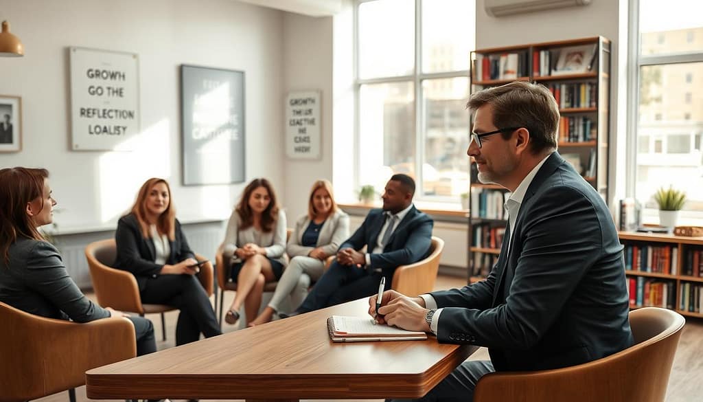 A professional coaching session set in a modern, well-lit office environment. In the foreground, a reflective practice coach, dressed in smart business attire, is sitting at a sleek wooden table with a notepad and pen, engaging thoughtfully with a small group of diverse professionals, also in professional attire, who are seated around the table. In the middle ground, large windows showcase soft, natural light streaming in, creating a warm and inviting atmosphere. On the walls, there are inspirational posters about growth and reflection. The background features bookshelves filled with educational texts on coaching and supervision. The overall mood is collaborative, focused, and supportive, capturing the essence of reflective practice in a coaching setting. A professional coaching session set in a modern, well-lit office environment. In the foreground, a reflective practice coach, dressed in smart business attire, is sitting at a sleek wooden table with a notepad and pen, engaging thoughtfully with a small group of diverse professionals, also in professional attire, who are seated around the table. In the middle ground, large windows showcase soft, natural light streaming in, creating a warm and inviting atmosphere. On the walls, there are inspirational posters about growth and reflection. The background features bookshelves filled with educational texts on coaching and supervision. The overall mood is collaborative, focused, and supportive, capturing the essence of reflective practice in a coaching setting.