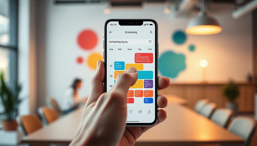A sleek mobile app interface displayed on a modern smartphone, showcasing a scheduling equity feature. The foreground features a vibrant, user-friendly calendar view with various color-coded slots, representing different schedules and available spaces. In the middle, a hand gently navigates the interface, showcasing seamless interaction. The background displays a soft-focus, dynamic work environment, hinting at a collaborative space with abstract shapes symbolizing inclusivity. The lighting is warm and inviting, enhancing a sense of community and accessibility. The overall atmosphere is optimistic and professional, emphasizing the importance of equitable scheduling and accessible facility access, with no text, overlays, or people depicted in the scene. A sleek mobile app interface displayed on a modern smartphone, showcasing a scheduling equity feature. The foreground features a vibrant, user-friendly calendar view with various color-coded slots, representing different schedules and available spaces. In the middle, a hand gently navigates the interface, showcasing seamless interaction. The background displays a soft-focus, dynamic work environment, hinting at a collaborative space with abstract shapes symbolizing inclusivity. The lighting is warm and inviting, enhancing a sense of community and accessibility. The overall atmosphere is optimistic and professional, emphasizing the importance of equitable scheduling and accessible facility access, with no text, overlays, or people depicted in the scene.