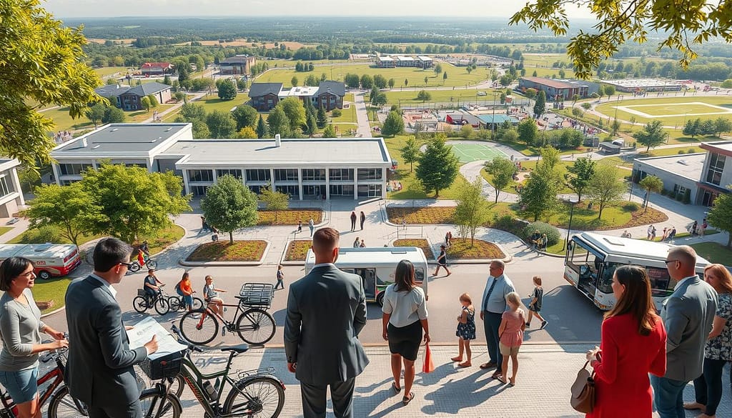 A vibrant community scene illustrating the concept of shared transportation facilities. In the foreground, a group of diverse adults in professional business attire discusses plans around a shared transportation hub, featuring bikes and parked electric shuttles. In the middle ground, a sunny plaza connects a modern school building and a healthcare clinic, with children and families enjoying the public space. In the background, a network of tree-lined pathways and grassy areas emphasizes the community focus, with sports fields and club facilities visible. The lighting is bright and warm, suggesting a friendly, welcoming atmosphere, while a wide-angle lens captures the bustling interactions and sense of collaboration. The mood should convey unity and positive partnerships in community development. A vibrant community scene illustrating the concept of shared transportation facilities. In the foreground, a group of diverse adults in professional business attire discusses plans around a shared transportation hub, featuring bikes and parked electric shuttles. In the middle ground, a sunny plaza connects a modern school building and a healthcare clinic, with children and families enjoying the public space. In the background, a network of tree-lined pathways and grassy areas emphasizes the community focus, with sports fields and club facilities visible. The lighting is bright and warm, suggesting a friendly, welcoming atmosphere, while a wide-angle lens captures the bustling interactions and sense of collaboration. The mood should convey unity and positive partnerships in community development.