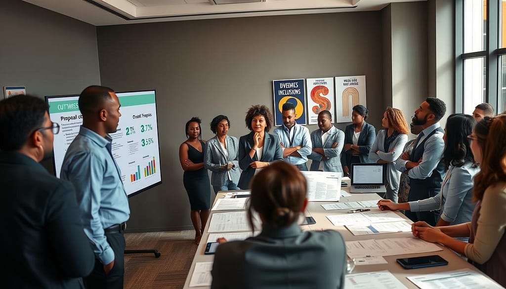 A well-lit, modern conference room filled with diverse professionals in business attire, intently discussing outcomes-focused grant proposals. In the foreground, a diverse group of individuals stands around a large table covered with detailed proposal documents, charts, and statistics. On the wall, a digital screen displays a visual representation of grant outcomes and equity metrics. In the middle ground, a thoughtful woman gestures towards the screen, emphasizing key points, while a man takes notes. The background features posters on the walls highlighting diversity and inclusion themes, adding an inspiring atmosphere. The overall mood is collaborative and focused, with warm, natural lighting coming from large windows, suggesting a hopeful path towards funding equitable initiatives. A well-lit, modern conference room filled with diverse professionals in business attire, intently discussing outcomes-focused grant proposals. In the foreground, a diverse group of individuals stands around a large table covered with detailed proposal documents, charts, and statistics. On the wall, a digital screen displays a visual representation of grant outcomes and equity metrics. In the middle ground, a thoughtful woman gestures towards the screen, emphasizing key points, while a man takes notes. The background features posters on the walls highlighting diversity and inclusion themes, adding an inspiring atmosphere. The overall mood is collaborative and focused, with warm, natural lighting coming from large windows, suggesting a hopeful path towards funding equitable initiatives.