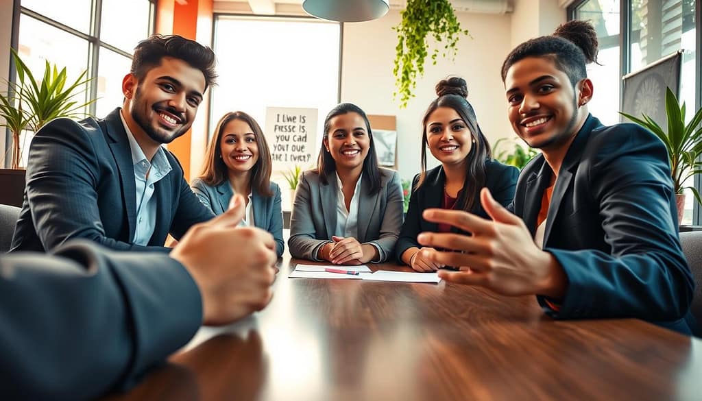 An eye-level photograph capturing a diverse group of three young adults engaged in a collaborative discussion around a table in a bright, modern workspace. The foreground features a close-up of their hands placed confidently on the table, reflecting a shared sense of purpose. In the middle ground, the young adults—of different ethnic backgrounds—are dressed in professional business attire, showcasing a range of styles to emphasize inclusivity. Their expressions are focused and respectful, while they exchange ideas with enthusiasm. The background reveals a vibrant office space adorned with plants and motivational art, allowing natural light to flood in through large windows, creating a warm and inviting atmosphere. The overall mood is one of empowerment and unity, encouraging collaboration and respect for all voices. An eye-level photograph capturing a diverse group of three young adults engaged in a collaborative discussion around a table in a bright, modern workspace. The foreground features a close-up of their hands placed confidently on the table, reflecting a shared sense of purpose. In the middle ground, the young adults—of different ethnic backgrounds—are dressed in professional business attire, showcasing a range of styles to emphasize inclusivity. Their expressions are focused and respectful, while they exchange ideas with enthusiasm. The background reveals a vibrant office space adorned with plants and motivational art, allowing natural light to flood in through large windows, creating a warm and inviting atmosphere. The overall mood is one of empowerment and unity, encouraging collaboration and respect for all voices.
