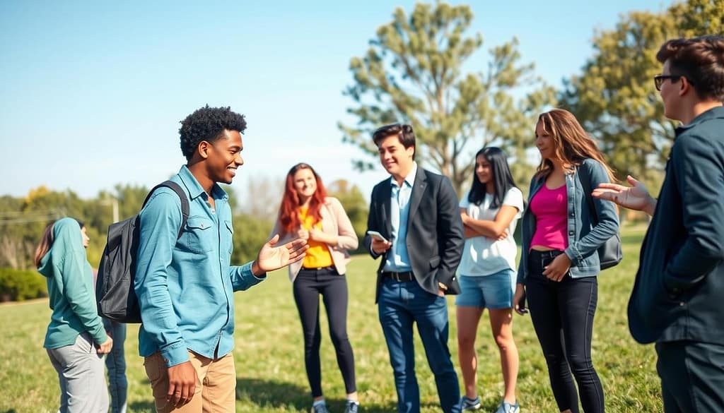 A diverse group of young people, dressed in smart casual attire, are engaged in a lively communication exercise on a grassy field. In the foreground, two participants are actively listening and discussing ideas, showing expressions of enthusiasm and focus. In the middle ground, a third participant is demonstrating a concept with expressive body language, while additional youth members observe, nodding in understanding. The background features a soft-focus view of trees and a clear blue sky, adding a sense of openness and positivity. The scene is well-lit by soft, natural sunlight, enhancing the vibrant colors of the participants’ clothing. The overall atmosphere is one of collaboration, growth, and the joy of learning essential social skills together. A diverse group of young people, dressed in smart casual attire, are engaged in a lively communication exercise on a grassy field. In the foreground, two participants are actively listening and discussing ideas, showing expressions of enthusiasm and focus. In the middle ground, a third participant is demonstrating a concept with expressive body language, while additional youth members observe, nodding in understanding. The background features a soft-focus view of trees and a clear blue sky, adding a sense of openness and positivity. The scene is well-lit by soft, natural sunlight, enhancing the vibrant colors of the participants’ clothing. The overall atmosphere is one of collaboration, growth, and the joy of learning essential social skills together.