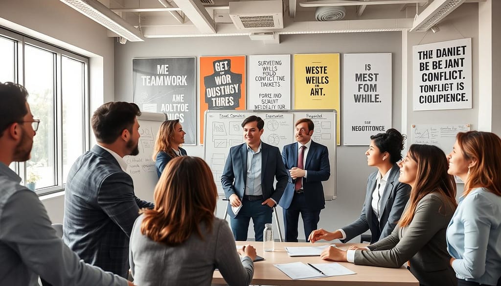 A dynamic scene depicting a conflict negotiation training program set in a spacious, modern conference room. In the foreground, a diverse group of professionals in business attire actively participate in a role-playing exercise, showcasing expressions of concentration and engagement. The middle ground features a large whiteboard with diagrams and notes on conflict resolution techniques. Bright, natural light filters through large windows, creating a warm and inviting atmosphere. The background includes motivational posters about teamwork and communication skills, enhancing the environment's educational feel. The composition captures a sense of collaboration and learning, emphasizing the importance of conflict resolution in a professional setting. A dynamic scene depicting a conflict negotiation training program set in a spacious, modern conference room. In the foreground, a diverse group of professionals in business attire actively participate in a role-playing exercise, showcasing expressions of concentration and engagement. The middle ground features a large whiteboard with diagrams and notes on conflict resolution techniques. Bright, natural light filters through large windows, creating a warm and inviting atmosphere. The background includes motivational posters about teamwork and communication skills, enhancing the environment's educational feel. The composition captures a sense of collaboration and learning, emphasizing the importance of conflict resolution in a professional setting.