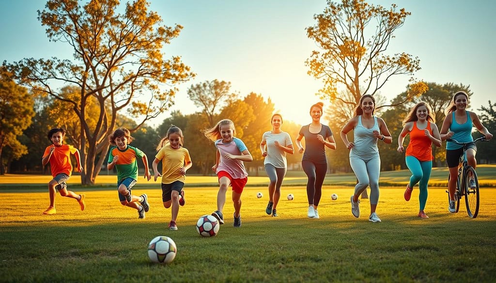 A dynamic scene depicting a lifelong wellness journey, showcasing the evolution from youth sports to adult health. In the foreground, a diverse group of children, aged 8 to 12, joyfully playing soccer in colorful sports uniforms. In the middle ground, transitioning to young adults engaging in fitness activities like running, yoga, and cycling, highlighting their dedication to health. In the background, a serene park setting with trees and a clear blue sky, reflecting an active lifestyle. The lighting is warm and inviting, simulating a golden hour glow that conveys optimism and vitality. Capture a balance of joy and determination, embodying the essence of a successful wellness journey. Ensure all individuals are dressed modestly in activewear, radiating positivity and community spirit. A dynamic scene depicting a lifelong wellness journey, showcasing the evolution from youth sports to adult health. In the foreground, a diverse group of children, aged 8 to 12, joyfully playing soccer in colorful sports uniforms. In the middle ground, transitioning to young adults engaging in fitness activities like running, yoga, and cycling, highlighting their dedication to health. In the background, a serene park setting with trees and a clear blue sky, reflecting an active lifestyle. The lighting is warm and inviting, simulating a golden hour glow that conveys optimism and vitality. Capture a balance of joy and determination, embodying the essence of a successful wellness journey. Ensure all individuals are dressed modestly in activewear, radiating positivity and community spirit.