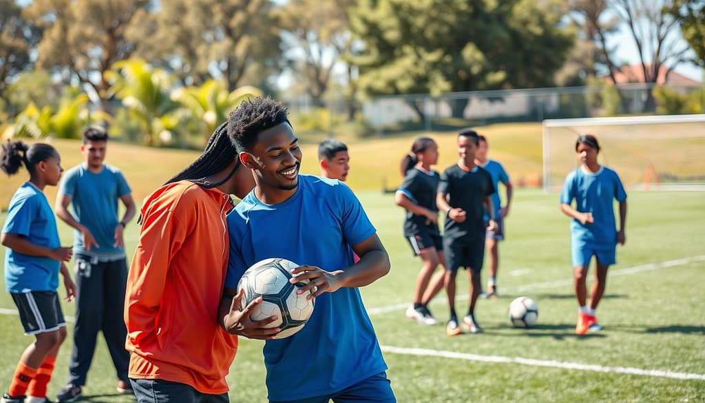 A dynamic scene featuring a diverse group of young leaders engaged in a vibrant sports environment, showcasing collaboration and empowerment. In the foreground, two young adults, one of Asian descent and the other of African descent, are passionately discussing a strategy while holding a soccer ball, both dressed in professional sports attire. In the middle ground, teammates of various ethnic backgrounds are practicing drills, exuding determination and teamwork, emphasizing the spirit of leadership cultivated through sports. The background illustrates an outdoor sports field under bright, natural sunlight with green grass and trees, enhancing the atmosphere of growth and opportunity. The overall mood is inspirational, highlighting the essence of leadership and camaraderie fostered by youth sports programs, captured with a shallow depth of field to create focus on the young leaders. A dynamic scene featuring a diverse group of young leaders engaged in a vibrant sports environment, showcasing collaboration and empowerment. In the foreground, two young adults, one of Asian descent and the other of African descent, are passionately discussing a strategy while holding a soccer ball, both dressed in professional sports attire. In the middle ground, teammates of various ethnic backgrounds are practicing drills, exuding determination and teamwork, emphasizing the spirit of leadership cultivated through sports. The background illustrates an outdoor sports field under bright, natural sunlight with green grass and trees, enhancing the atmosphere of growth and opportunity. The overall mood is inspirational, highlighting the essence of leadership and camaraderie fostered by youth sports programs, captured with a shallow depth of field to create focus on the young leaders.