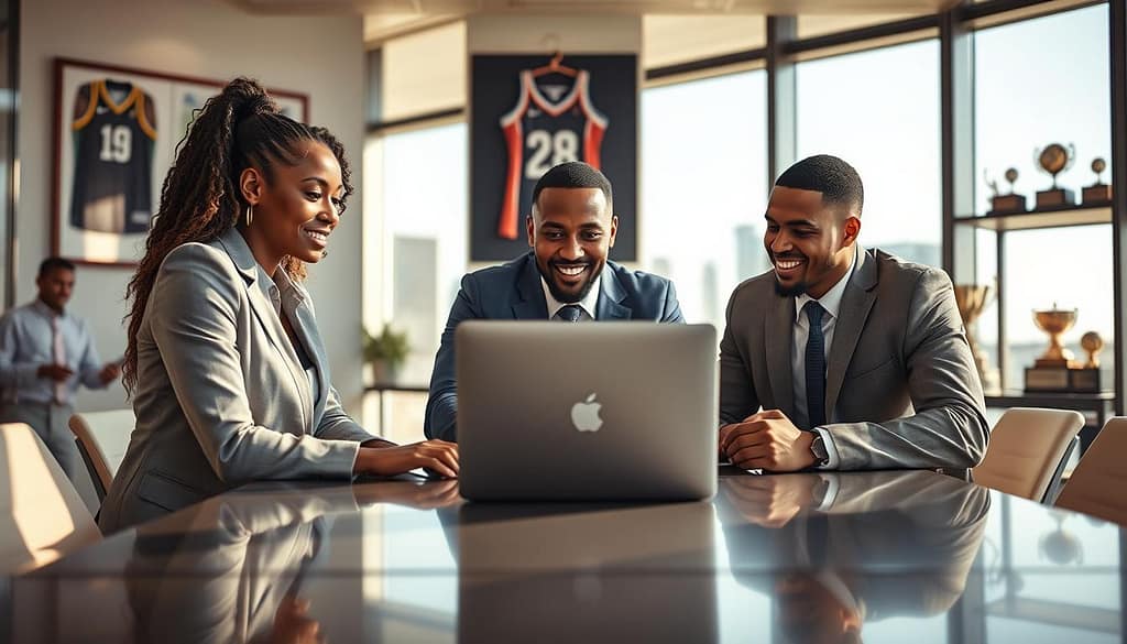 A dynamic scene illustrating the career success of former athletes transitioning into professional roles. In the foreground, a diverse group of three athletes, one female and two male, wearing professional business attire, engaged in a discussion over a laptop on a sleek conference table. In the middle, a well-lit office environment with large windows showcasing a city skyline, casting natural light and creating an inspiring atmosphere. In the background, subtle hints of sports memorabilia, like a framed basketball jersey and trophies, symbolizing their athletic past. The composition captures a sense of achievement, teamwork, and determination, emphasizing their success stories in the professional world, with a warm and motivational mood, shot from a slightly elevated angle to enhance the depth of the scene. A dynamic scene illustrating the career success of former athletes transitioning into professional roles. In the foreground, a diverse group of three athletes, one female and two male, wearing professional business attire, engaged in a discussion over a laptop on a sleek conference table. In the middle, a well-lit office environment with large windows showcasing a city skyline, casting natural light and creating an inspiring atmosphere. In the background, subtle hints of sports memorabilia, like a framed basketball jersey and trophies, symbolizing their athletic past. The composition captures a sense of achievement, teamwork, and determination, emphasizing their success stories in the professional world, with a warm and motivational mood, shot from a slightly elevated angle to enhance the depth of the scene.