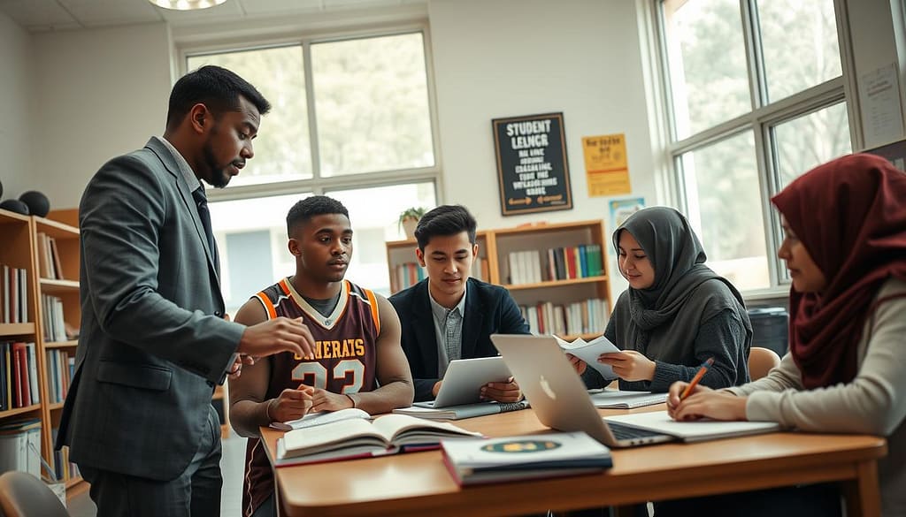 A focused academic tutoring session featuring a diverse group of student-athletes engaged in study, situated in a bright, inviting classroom. In the foreground, a dedicated tutor, dressed in professional business attire, guides a male student in a sports jersey, while a female student in modest attire takes notes at a table covered with textbooks and laptops. In the middle ground, shelves filled with educational materials and motivational posters create a supportive atmosphere. The background shows large windows letting in natural light, creating a warm and encouraging environment. The camera angle captures the interaction dynamically, highlighting collaboration and concentration amidst a subtle cozy ambiance, emphasizing the synergy of education and sports. A focused academic tutoring session featuring a diverse group of student-athletes engaged in study, situated in a bright, inviting classroom. In the foreground, a dedicated tutor, dressed in professional business attire, guides a male student in a sports jersey, while a female student in modest attire takes notes at a table covered with textbooks and laptops. In the middle ground, shelves filled with educational materials and motivational posters create a supportive atmosphere. The background shows large windows letting in natural light, creating a warm and encouraging environment. The camera angle captures the interaction dynamically, highlighting collaboration and concentration amidst a subtle cozy ambiance, emphasizing the synergy of education and sports.