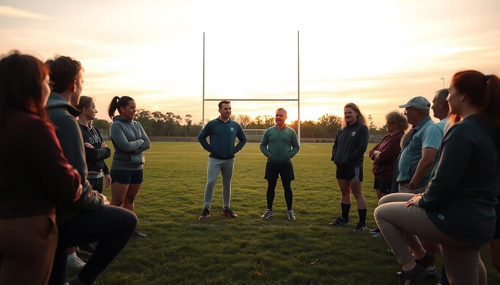 A heartwarming scene capturing a moment of emotional growth in rugby recovery. In the foreground, a diverse group of individuals, dressed in modest athletic wear, are engaged in a supportive circle, with one person sharing their experience while others listen intently, showing empathy and encouragement. The middle ground features a grassy rugby field with goalposts, symbolizing the sport and resilience. In the background, a serene sunset paints the sky in warm hues of orange and pink, casting a soft golden light over the scene. The atmosphere is uplifting and hopeful, portraying the essence of emotional strength that rugby fosters among its players. The angle is slightly elevated, giving a panoramic view of the circle against the backdrop of the field, emphasizing unity and emotional connection. A heartwarming scene capturing a moment of emotional growth in rugby recovery. In the foreground, a diverse group of individuals, dressed in modest athletic wear, are engaged in a supportive circle, with one person sharing their experience while others listen intently, showing empathy and encouragement. The middle ground features a grassy rugby field with goalposts, symbolizing the sport and resilience. In the background, a serene sunset paints the sky in warm hues of orange and pink, casting a soft golden light over the scene. The atmosphere is uplifting and hopeful, portraying the essence of emotional strength that rugby fosters among its players. The angle is slightly elevated, giving a panoramic view of the circle against the backdrop of the field, emphasizing unity and emotional connection.