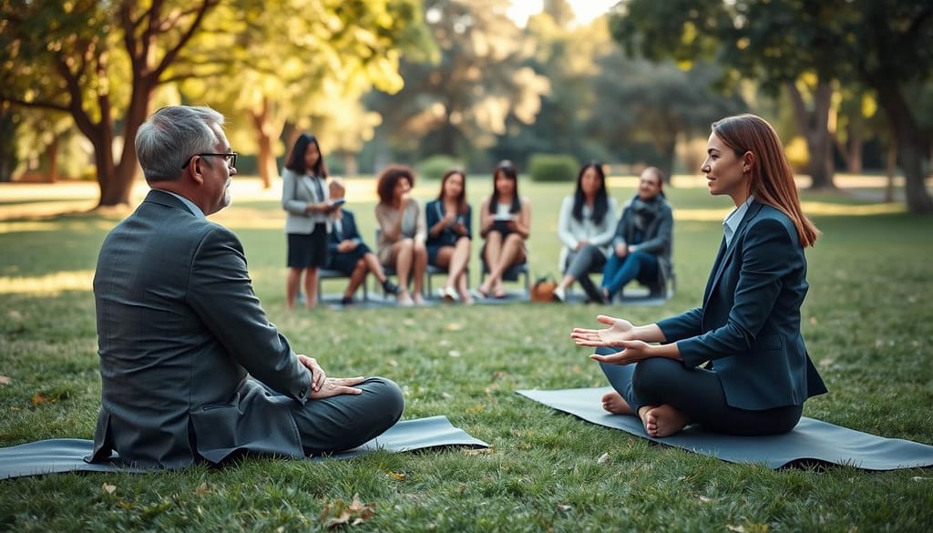 A serene outdoor scene illustrating mediation in a conflict resolution context. In the foreground, two individuals, a man and a woman, are seated on yoga mats, engaged in a calm discussion, dressed in professional business attire. Their body language is open, reflecting a constructive dialogue. In the middle ground, a small group of diverse people observes attentively, some taking notes, showcasing a supportive environment. The background features a peaceful park with lush greenery and soft sunlight filtering through the trees, creating a warm and inviting atmosphere. The scene is shot with a wide-angle lens, capturing the harmonious interaction, while soft natural light enhances the positive mood, symbolizing the process of developing conflict management skills effectively. A serene outdoor scene illustrating mediation in a conflict resolution context. In the foreground, two individuals, a man and a woman, are seated on yoga mats, engaged in a calm discussion, dressed in professional business attire. Their body language is open, reflecting a constructive dialogue. In the middle ground, a small group of diverse people observes attentively, some taking notes, showcasing a supportive environment. The background features a peaceful park with lush greenery and soft sunlight filtering through the trees, creating a warm and inviting atmosphere. The scene is shot with a wide-angle lens, capturing the harmonious interaction, while soft natural light enhances the positive mood, symbolizing the process of developing conflict management skills effectively.
