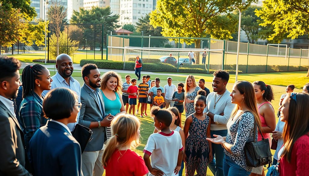 A vibrant community gathering showcasing a diverse group of alumni celebrating their success stories in a sunlit urban park. In the foreground, individuals of various ethnic backgrounds, dressed in smart casual attire, are engaged in animated conversations and sharing experiences, with smiles and gestures of encouragement. The middle layer features a group of enthusiastic children participating in sports activities, symbolizing the community's commitment to engaging the youth. In the background, well-maintained sports facilities and greenery create a sense of vitality and growth. The golden hour sunlight casts warm, inviting shadows, enhancing the atmosphere of hope and achievement. The image captures a sense of unity, empowerment, and the positive impact sports programs have on the community. A vibrant community gathering showcasing a diverse group of alumni celebrating their success stories in a sunlit urban park. In the foreground, individuals of various ethnic backgrounds, dressed in smart casual attire, are engaged in animated conversations and sharing experiences, with smiles and gestures of encouragement. The middle layer features a group of enthusiastic children participating in sports activities, symbolizing the community's commitment to engaging the youth. In the background, well-maintained sports facilities and greenery create a sense of vitality and growth. The golden hour sunlight casts warm, inviting shadows, enhancing the atmosphere of hope and achievement. The image captures a sense of unity, empowerment, and the positive impact sports programs have on the community.