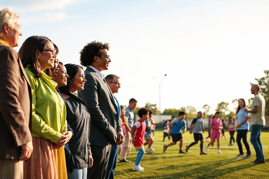 A vibrant scene illustrating "Community Impact Partnerships" in a sports program context. In the foreground, a diverse group of community leaders and young athletes engage in collaboration, featuring individuals in professional business attire and modest casual clothing. The middle ground shows a bustling community sports field, with various activities reflecting cooperation: youth practicing sports, adults guiding them, and smiles all around. The background includes a sunny sky with distant trees, emphasizing an optimistic environment. Soft, natural lighting creates a warm and inviting atmosphere. Capture this moment from a slightly elevated angle to offer a broad view of the dynamic interactions and shared commitment to community enhancement. A vibrant scene illustrating "Community Impact Partnerships" in a sports program context. In the foreground, a diverse group of community leaders and young athletes engage in collaboration, featuring individuals in professional business attire and modest casual clothing. The middle ground shows a bustling community sports field, with various activities reflecting cooperation: youth practicing sports, adults guiding them, and smiles all around. The background includes a sunny sky with distant trees, emphasizing an optimistic environment. Soft, natural lighting creates a warm and inviting atmosphere. Capture this moment from a slightly elevated angle to offer a broad view of the dynamic interactions and shared commitment to community enhancement.