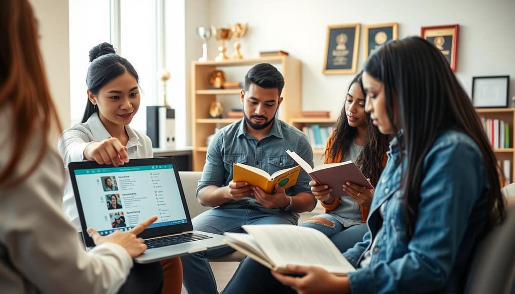 In a bright, inviting study space, a diverse group of young adults are engaged in a collaborative discussion about scholarship opportunities, surrounded by books and educational materials. The foreground features a few students, including an Asian female wearing a smart business casual outfit, eagerly pointing at a laptop screen displaying scholarship listings. In the middle, a Hispanic male sits with a notebook, writing down notes, while a Black female is reading a scholarship guide. In the background, there are shelves filled with academic trophies and framed diplomas, symbolizing achievement. Soft, natural lighting filters in through large windows, creating a warm and motivational atmosphere. The image captures a sense of determination and teamwork, emphasizing the importance of creating pathways to education through scholarship opportunities. In a bright, inviting study space, a diverse group of young adults are engaged in a collaborative discussion about scholarship opportunities, surrounded by books and educational materials. The foreground features a few students, including an Asian female wearing a smart business casual outfit, eagerly pointing at a laptop screen displaying scholarship listings. In the middle, a Hispanic male sits with a notebook, writing down notes, while a Black female is reading a scholarship guide. In the background, there are shelves filled with academic trophies and framed diplomas, symbolizing achievement. Soft, natural lighting filters in through large windows, creating a warm and motivational atmosphere. The image captures a sense of determination and teamwork, emphasizing the importance of creating pathways to education through scholarship opportunities.