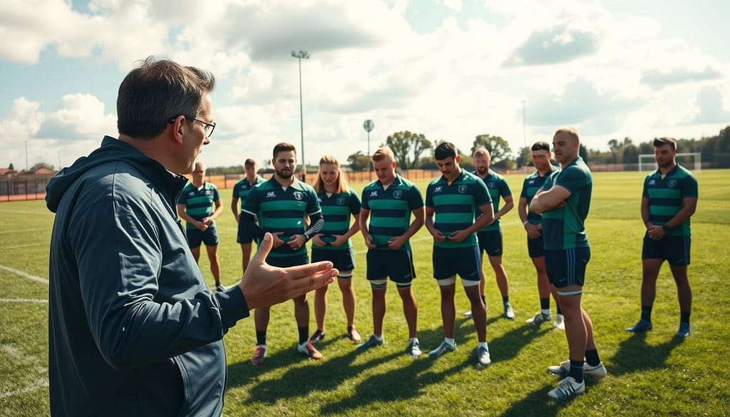In a vibrant rugby training field, a diverse group of athletes engages in a resilience training session. In the foreground, a coach gestures passionately, clad in a professional tracksuit, encouraging players who are practicing mental concentration exercises. In the middle, teammates collaborate in pairs, demonstrating supportive body language, while one individual takes a moment for personal reflection, gazing at the lush green field. The background features a bright, sunny sky with fluffy clouds, complementing the hopeful atmosphere. Soft, natural lighting enhances the scene, casting gentle shadows that evoke a sense of calm and focus. The image conveys an uplifting spirit of teamwork and mental strength in a supportive athletic environment, ideal for fostering mental toughness. In a vibrant rugby training field, a diverse group of athletes engages in a resilience training session. In the foreground, a coach gestures passionately, clad in a professional tracksuit, encouraging players who are practicing mental concentration exercises. In the middle, teammates collaborate in pairs, demonstrating supportive body language, while one individual takes a moment for personal reflection, gazing at the lush green field. The background features a bright, sunny sky with fluffy clouds, complementing the hopeful atmosphere. Soft, natural lighting enhances the scene, casting gentle shadows that evoke a sense of calm and focus. The image conveys an uplifting spirit of teamwork and mental strength in a supportive athletic environment, ideal for fostering mental toughness.