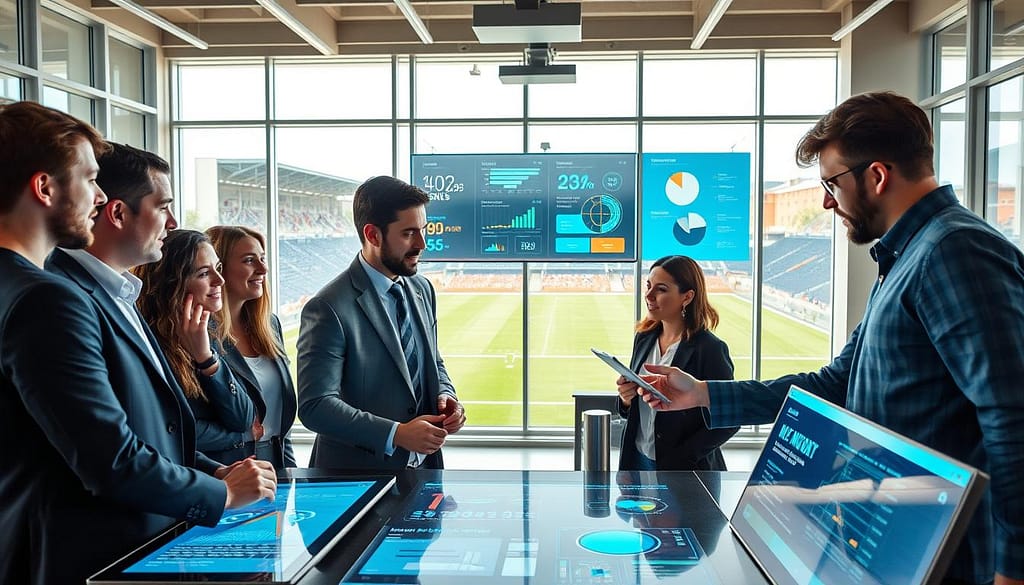 A dynamic scene depicting a diverse group of professionals analyzing sports technology data in a bright, modern office space. In the foreground, a mixed-gender team, dressed in business attire, examines digital screens displaying graphs and statistics related to youth sports skills. The middle ground showcases interactive displays with visualizations of technology in sports, such as wearables and performance analysis tools. The background features large windows with a view of a sports field, casting natural light that enhances the atmosphere of innovation and collaboration. Use a wide-angle lens to capture the entire scene, emphasizing the teamwork and excitement of bridging the skill gap through technology. The mood is one of inspiration and forward-thinking, merging sports with technology seamlessly. A dynamic scene depicting a diverse group of professionals analyzing sports technology data in a bright, modern office space. In the foreground, a mixed-gender team, dressed in business attire, examines digital screens displaying graphs and statistics related to youth sports skills. The middle ground showcases interactive displays with visualizations of technology in sports, such as wearables and performance analysis tools. The background features large windows with a view of a sports field, casting natural light that enhances the atmosphere of innovation and collaboration. Use a wide-angle lens to capture the entire scene, emphasizing the teamwork and excitement of bridging the skill gap through technology. The mood is one of inspiration and forward-thinking, merging sports with technology seamlessly.