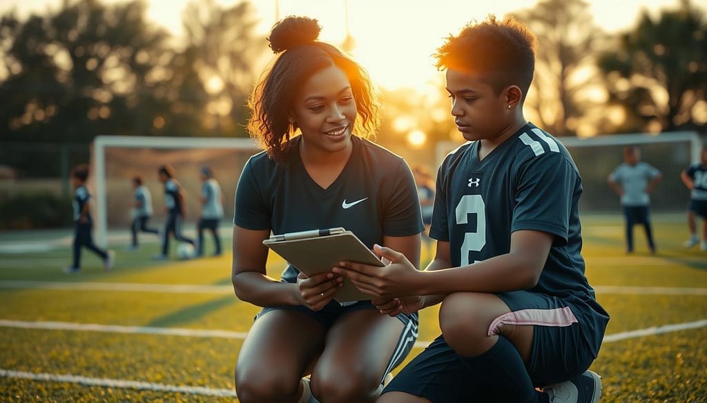A touching scene depicting a diverse youth sports coach and protégé in a training environment. In the foreground, the coach, a middle-aged Black woman in professional sports attire, kneels alongside her young protégé, a Hispanic boy in a neatly fitting jersey, sharing an encouraging moment as they review a play on a clipboard. The middle ground showcases an outdoor sports field with goalposts and young athletes practicing in the background, highlighting a sense of teamwork. The golden hour sunlight casts a warm glow, creating long shadows that enhance the emotion of the scene. The angle is slightly low, emphasizing the connection between the coach and the protégé, with a soft focus on the background to draw attention to their partnership. The atmosphere is inspiring and supportive, encapsulating the essence of mentorship in youth sports. A touching scene depicting a diverse youth sports coach and protégé in a training environment. In the foreground, the coach, a middle-aged Black woman in professional sports attire, kneels alongside her young protégé, a Hispanic boy in a neatly fitting jersey, sharing an encouraging moment as they review a play on a clipboard. The middle ground showcases an outdoor sports field with goalposts and young athletes practicing in the background, highlighting a sense of teamwork. The golden hour sunlight casts a warm glow, creating long shadows that enhance the emotion of the scene. The angle is slightly low, emphasizing the connection between the coach and the protégé, with a soft focus on the background to draw attention to their partnership. The atmosphere is inspiring and supportive, encapsulating the essence of mentorship in youth sports.