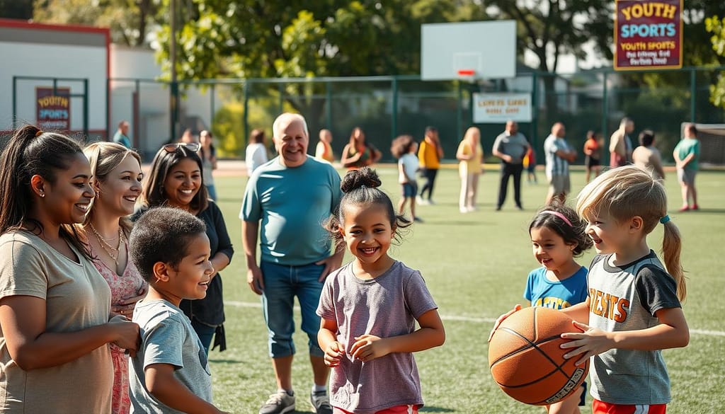 A vibrant community scene depicting engaged parents and children working together in a local sports facility. In the foreground, a diverse group of parents, dressed in modest casual clothing, smiles and interacts with their children, who are practicing various sports activities like soccer and basketball. In the middle ground, coaches provide guidance, showing teamwork in action, while community members cheer and support from the sidelines. The background features a sunny day with a well-kept sports field, parents chatting animatedly, and inviting banners representing local youth sports programs. The lighting is warm and inviting, casting a glow over the joyful faces, all captured from a slightly elevated angle to emphasize the interconnectedness and collaboration of families and community in youth sports. The atmosphere is friendly and encouraging, celebrating mutual support and engagement. A vibrant community scene depicting engaged parents and children working together in a local sports facility. In the foreground, a diverse group of parents, dressed in modest casual clothing, smiles and interacts with their children, who are practicing various sports activities like soccer and basketball. In the middle ground, coaches provide guidance, showing teamwork in action, while community members cheer and support from the sidelines. The background features a sunny day with a well-kept sports field, parents chatting animatedly, and inviting banners representing local youth sports programs. The lighting is warm and inviting, casting a glow over the joyful faces, all captured from a slightly elevated angle to emphasize the interconnectedness and collaboration of families and community in youth sports. The atmosphere is friendly and encouraging, celebrating mutual support and engagement.
