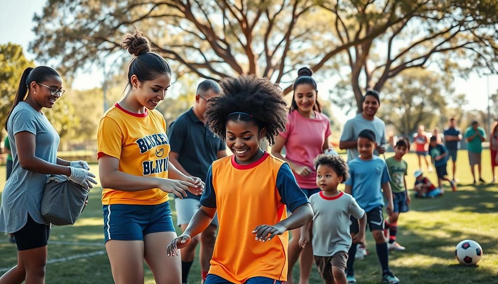 A dynamic scene depicting a diverse group of volunteers engaging in community service through sports programs. In the foreground, a young woman in a bright sports jersey helps young children practice soccer, showcasing teamwork and mentorship. In the middle, other volunteers of various ethnicities, dressed in casual athletic wear, are setting up sports equipment and encouraging participants, creating an atmosphere of enthusiasm and positivity. In the background, a sunlit park setting with trees, a large sports field, and parents watching with smiles, enhancing the sense of community. The lighting is warm and inviting, capturing a joyful and inspiring mood. The angle is slightly elevated, providing a comprehensive view of the collaborative spirit and engagement in the scene. A dynamic scene depicting a diverse group of volunteers engaging in community service through sports programs. In the foreground, a young woman in a bright sports jersey helps young children practice soccer, showcasing teamwork and mentorship. In the middle, other volunteers of various ethnicities, dressed in casual athletic wear, are setting up sports equipment and encouraging participants, creating an atmosphere of enthusiasm and positivity. In the background, a sunlit park setting with trees, a large sports field, and parents watching with smiles, enhancing the sense of community. The lighting is warm and inviting, capturing a joyful and inspiring mood. The angle is slightly elevated, providing a comprehensive view of the collaborative spirit and engagement in the scene.