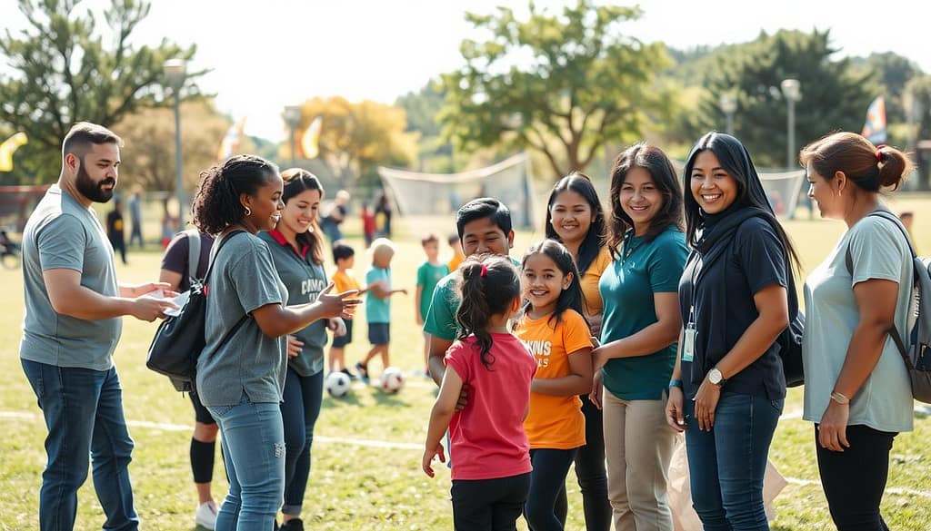 A vibrant community service scene depicting diverse individuals engaged in a sports-related volunteer activity. In the foreground, a group of volunteers, including men and women of various ethnicities, wearing modest casual clothing, enthusiastically participating in a local youth sports event. Some are coaching, while others assist in organizing equipment and cheering on the children. In the middle ground, young athletes are involved in various sports activities, showcasing teamwork and joy. In the background, a park setting with trees and banners promotes community spirit. The lighting is bright and cheerful, evoking a sense of positivity and engagement. The angle is slightly elevated, capturing the energy and dynamics of the people involved while radiating an atmosphere of leadership and unity through service. A vibrant community service scene depicting diverse individuals engaged in a sports-related volunteer activity. In the foreground, a group of volunteers, including men and women of various ethnicities, wearing modest casual clothing, enthusiastically participating in a local youth sports event. Some are coaching, while others assist in organizing equipment and cheering on the children. In the middle ground, young athletes are involved in various sports activities, showcasing teamwork and joy. In the background, a park setting with trees and banners promotes community spirit. The lighting is bright and cheerful, evoking a sense of positivity and engagement. The angle is slightly elevated, capturing the energy and dynamics of the people involved while radiating an atmosphere of leadership and unity through service.