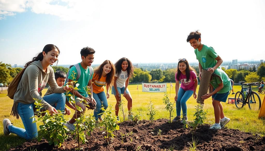 A vibrant outdoor scene showcasing a diverse group of youth engaged in an environmental awareness activity. In the foreground, several young individuals of various ethnicities, dressed in casual, eco-friendly clothing, are planting trees and native plants, smiling and collaborating. In the middle ground, a sunlit field is dotted with colorful banners promoting sustainability, surrounded by bicycles and sports equipment. The background features a panoramic view of a lush park with a clear blue sky, hinting at urban cityscape at a distance. The lighting is warm and inviting, suggesting a bright, optimistic day. The overall atmosphere is energetic and hopeful, emphasizing the importance of environmental stewardship in nurturing future generations. A vibrant outdoor scene showcasing a diverse group of youth engaged in an environmental awareness activity. In the foreground, several young individuals of various ethnicities, dressed in casual, eco-friendly clothing, are planting trees and native plants, smiling and collaborating. In the middle ground, a sunlit field is dotted with colorful banners promoting sustainability, surrounded by bicycles and sports equipment. The background features a panoramic view of a lush park with a clear blue sky, hinting at urban cityscape at a distance. The lighting is warm and inviting, suggesting a bright, optimistic day. The overall atmosphere is energetic and hopeful, emphasizing the importance of environmental stewardship in nurturing future generations.