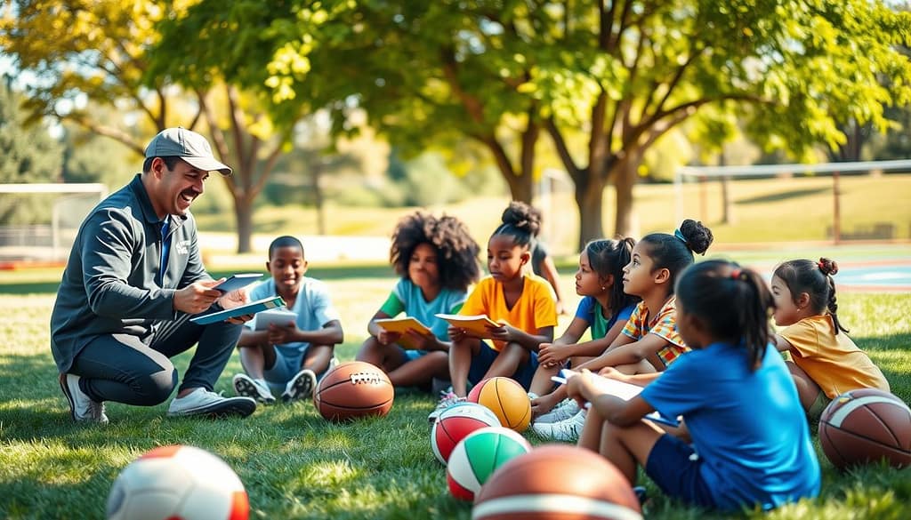 A vibrant scene showcasing a youth sports program where children of diverse backgrounds are engaged in a financial literacy workshop. In the foreground, a coach in professional sports attire is enthusiastically explaining budgeting concepts to a group of attentive young athletes, who are seated on the grass with notebooks. In the middle, colorful sports equipment like footballs and basketballs are scattered around, symbolizing the blend of sports and financial education. The background features a sunny park setting with trees and a sports field, emphasizing an outdoor, active atmosphere. Light pours in from a clear blue sky, creating an uplifting and inspiring ambiance. The focus is sharp on the coach and children, capturing their engaged expressions while maintaining a soft blur on the background elements. A vibrant scene showcasing a youth sports program where children of diverse backgrounds are engaged in a financial literacy workshop. In the foreground, a coach in professional sports attire is enthusiastically explaining budgeting concepts to a group of attentive young athletes, who are seated on the grass with notebooks. In the middle, colorful sports equipment like footballs and basketballs are scattered around, symbolizing the blend of sports and financial education. The background features a sunny park setting with trees and a sports field, emphasizing an outdoor, active atmosphere. Light pours in from a clear blue sky, creating an uplifting and inspiring ambiance. The focus is sharp on the coach and children, capturing their engaged expressions while maintaining a soft blur on the background elements.
