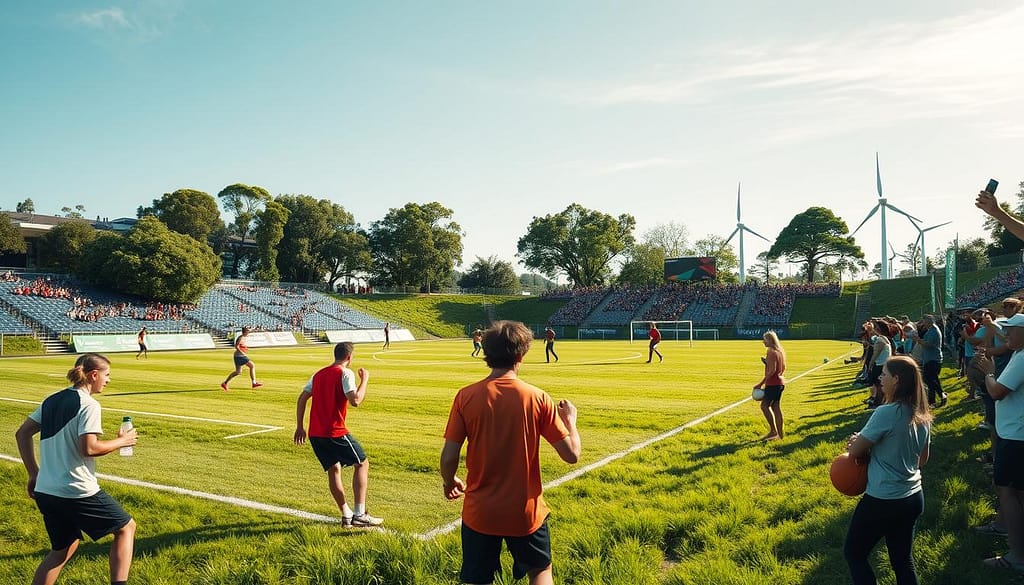 A vibrant sports venue embedded in a lush green landscape, showcasing eco-friendly initiatives. In the foreground, athletes in professional sports attire engage in a dynamic game on a sustainable grass field with solar panels subtly integrated into the stadium design. The middle ground features enthusiastic fans in modest casual clothing, holding reusable water bottles and eco-friendly banners promoting conservation. In the background, trees line the venue, with wind turbines and a clear blue sky adding to the serene atmosphere. Soft, natural lighting bathes the scene, highlighting the harmony between sports and nature. A wide-angle perspective captures the energy and commitment to environmental stewardship, creating an inspiring and hopeful mood. A vibrant sports venue embedded in a lush green landscape, showcasing eco-friendly initiatives. In the foreground, athletes in professional sports attire engage in a dynamic game on a sustainable grass field with solar panels subtly integrated into the stadium design. The middle ground features enthusiastic fans in modest casual clothing, holding reusable water bottles and eco-friendly banners promoting conservation. In the background, trees line the venue, with wind turbines and a clear blue sky adding to the serene atmosphere. Soft, natural lighting bathes the scene, highlighting the harmony between sports and nature. A wide-angle perspective captures the energy and commitment to environmental stewardship, creating an inspiring and hopeful mood.