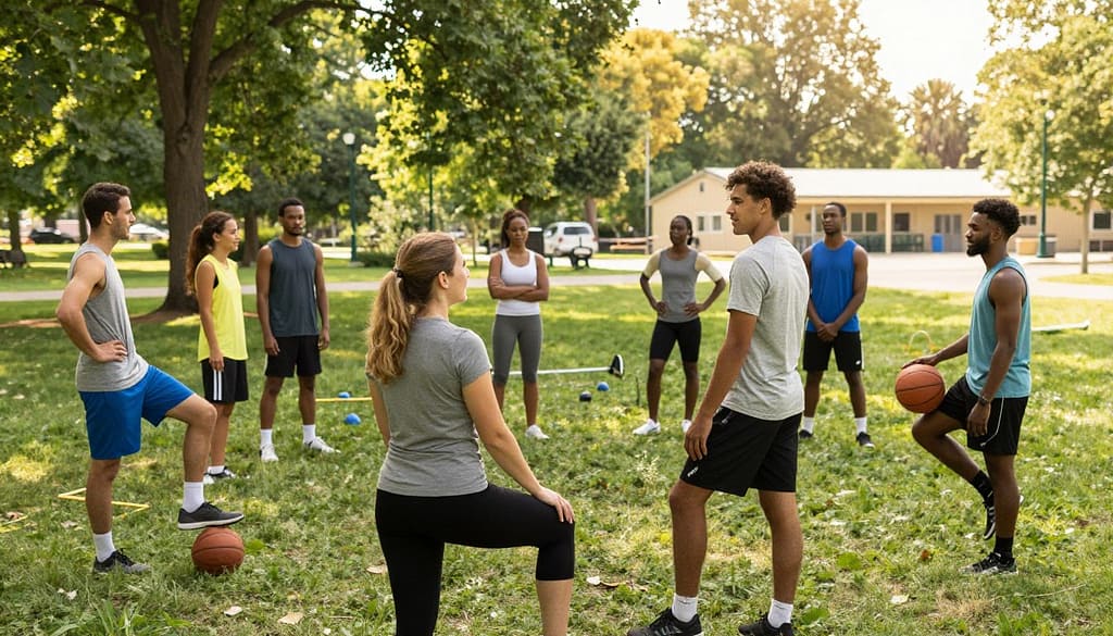 A diverse group of athletes, representing various sports like basketball, soccer, and running, gather in a sunlit park, engaging in supportive conversations and athletic activities. The foreground features a woman in modest athletic wear counseling a young man, while others stretch and practice their skills in the background. Lush greenery surrounds them, symbolizing growth and recovery. Soft, warm lighting filters through the trees, creating an uplifting atmosphere. A view of a community center can be seen in the distance, indicating a safe space for mental health programs. The overall mood is inspiring and hopeful, capturing the essence of teamwork and resilience in sports for mental health recovery, portrayed in a wide-angle shot that emphasizes connection and support. A diverse group of athletes, representing various sports like basketball, soccer, and running, gather in a sunlit park, engaging in supportive conversations and athletic activities. The foreground features a woman in modest athletic wear counseling a young man, while others stretch and practice their skills in the background. Lush greenery surrounds them, symbolizing growth and recovery. Soft, warm lighting filters through the trees, creating an uplifting atmosphere. A view of a community center can be seen in the distance, indicating a safe space for mental health programs. The overall mood is inspiring and hopeful, capturing the essence of teamwork and resilience in sports for mental health recovery, portrayed in a wide-angle shot that emphasizes connection and support.